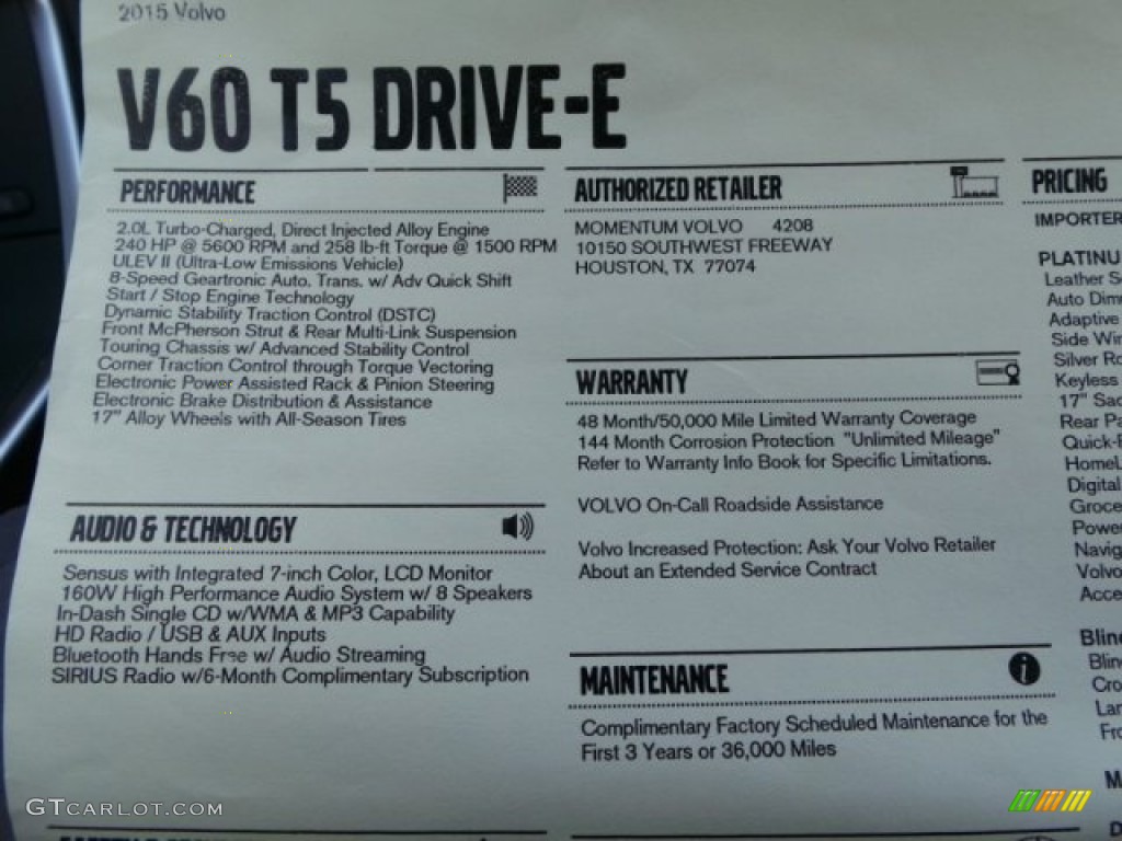 2015 Volvo V60 T5 Drive-E Window Sticker Photo #98369304
