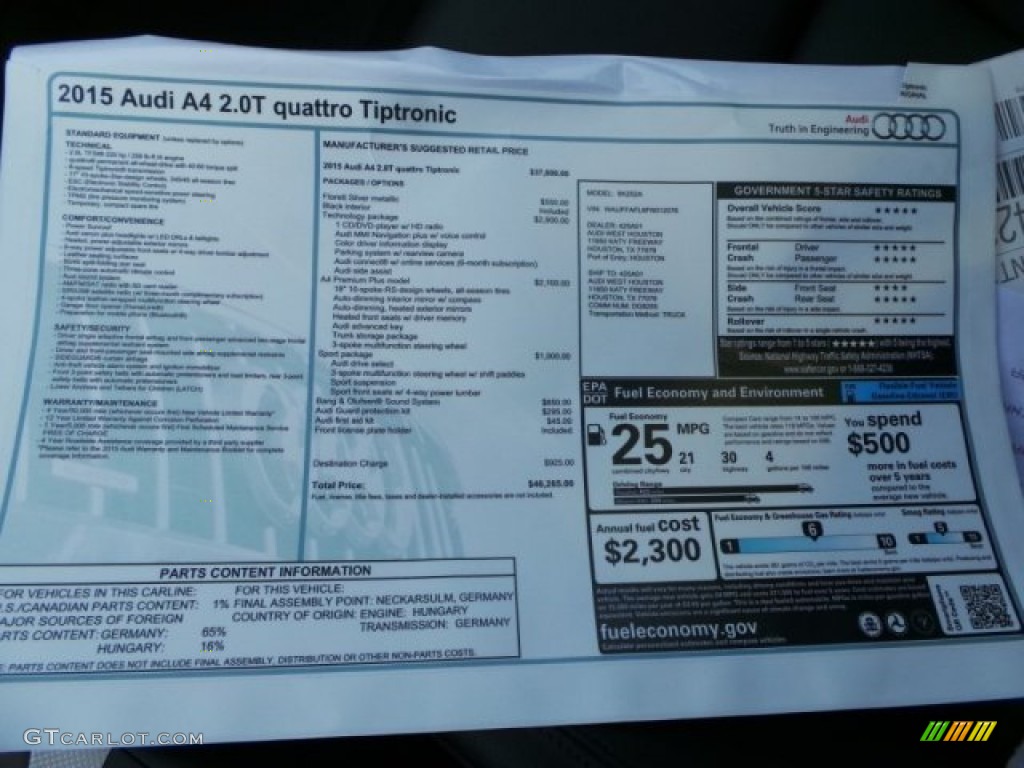 2015 A4 2.0T Premium Plus quattro - Florett Silver Metallic / Black photo #34