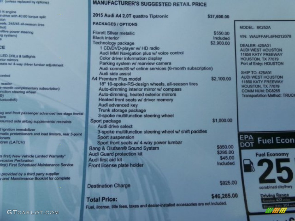2015 A4 2.0T Premium Plus quattro - Florett Silver Metallic / Black photo #35