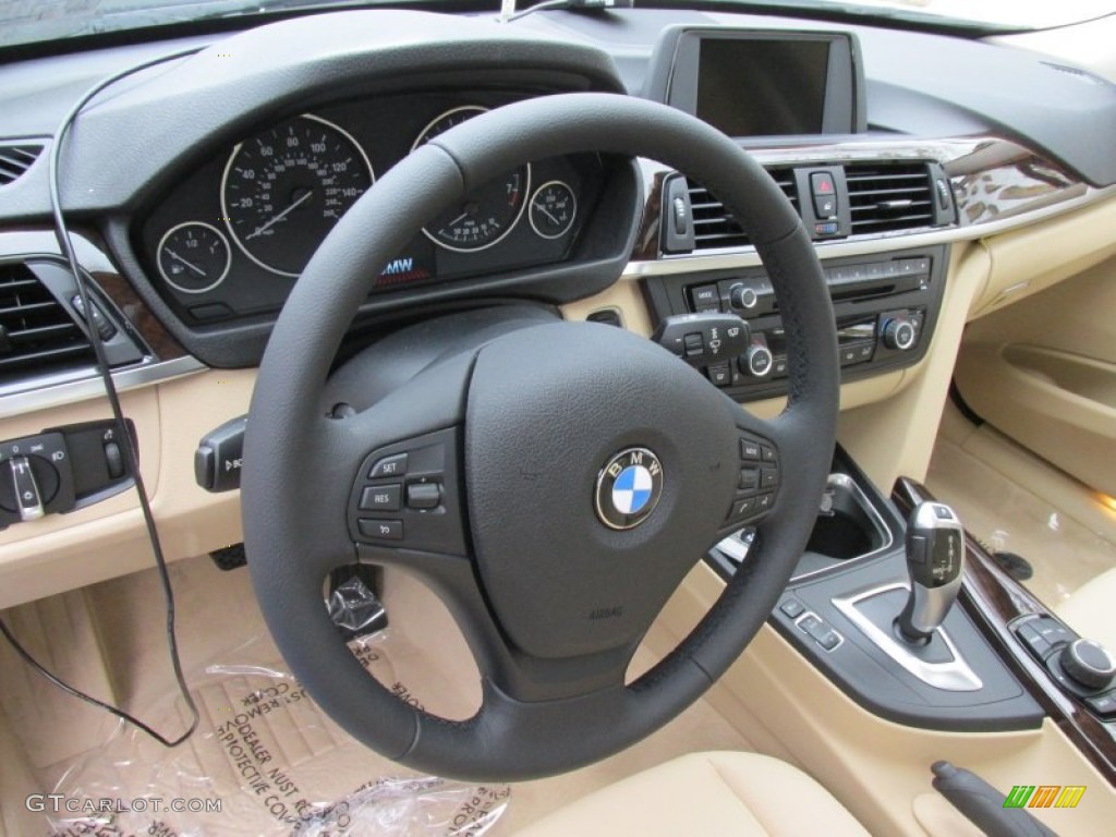 2015 BMW 3 Series 320i xDrive Sedan Venetian Beige Steering Wheel Photo #98435825