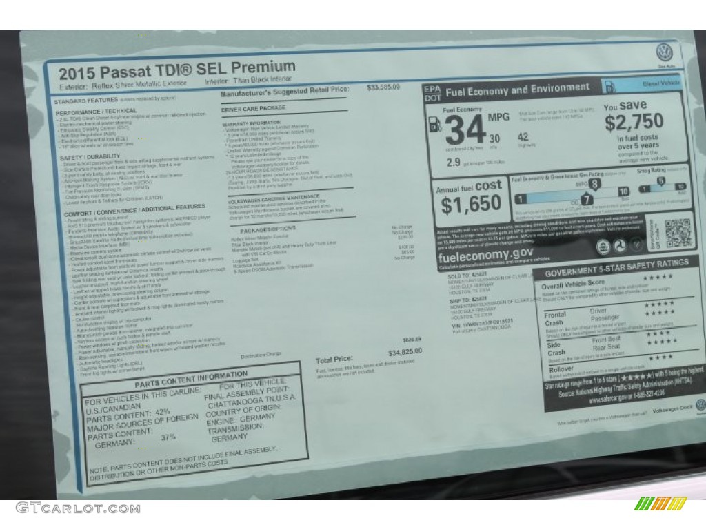 2015 Volkswagen Passat TDI SEL Premium Sedan Window Sticker Photo #98483757