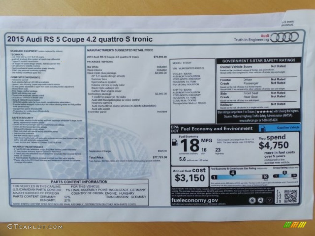 2015 Audi RS 5 Coupe quattro Window Sticker Photo #98485549