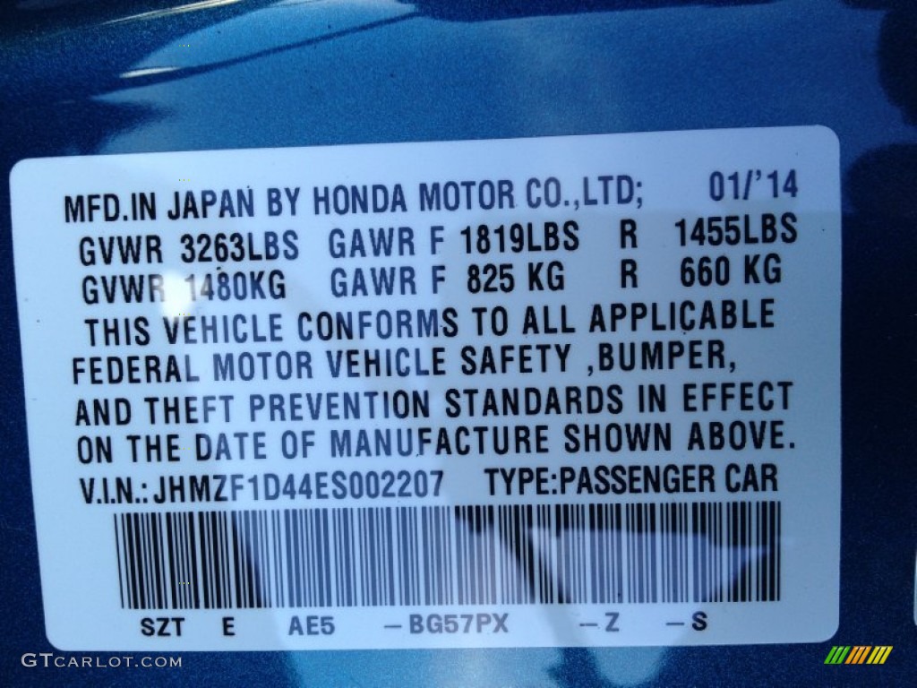2014 CR-Z Color Code BG57PX for North Shore Blue Pearl Photo #98510567