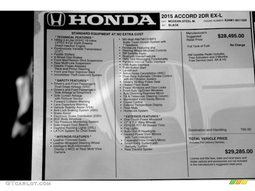 2015 Accord EX-L Coupe - Modern Steel Metallic / Black photo #18