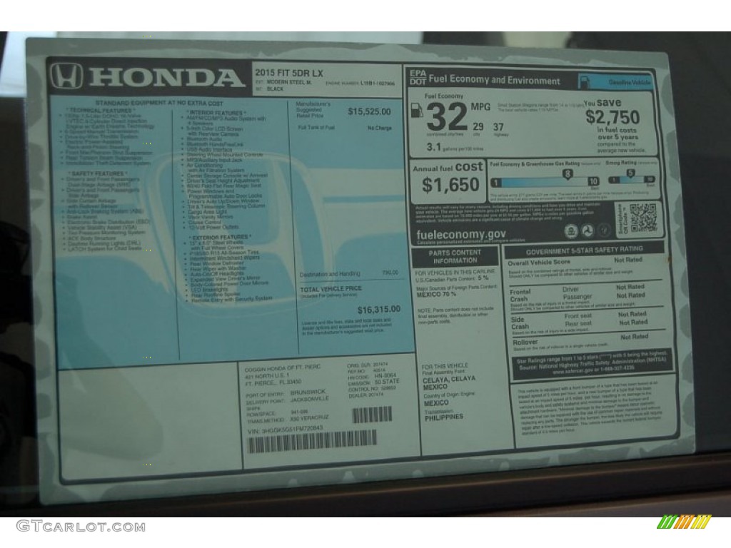 2015 Honda Fit LX Window Sticker Photo #98559815