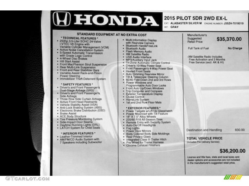 2015 Honda Pilot EX-L Window Sticker Photo #98566373