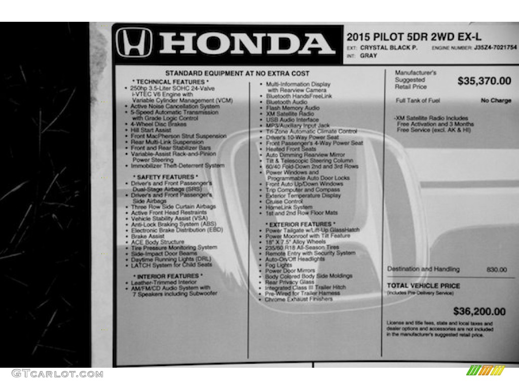 2015 Pilot EX-L - Crystal Black Pearl / Gray photo #22