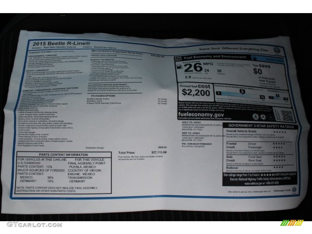 2015 Volkswagen Beetle R Line 2.0T Window Sticker Photo #98630571