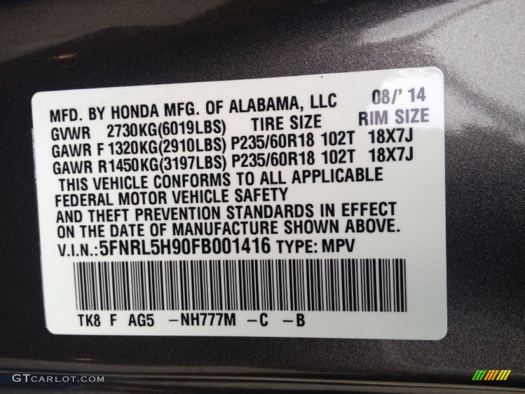 2015 Honda Odyssey Touring Color Code Photos