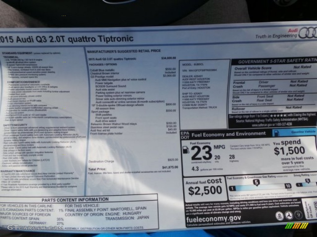2015 Audi Q3 2.0 TFSI Prestige quattro Window Sticker Photo #98672153