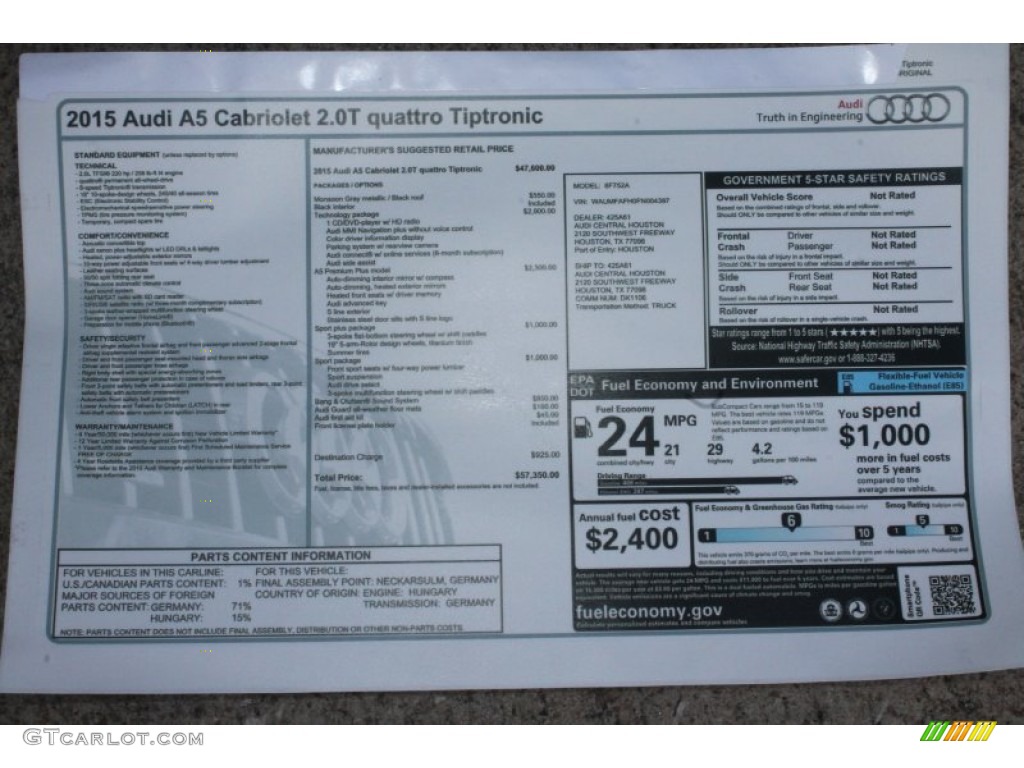 2015 Audi A5 Premium Plus quattro Convertible Window Sticker Photo #98676080