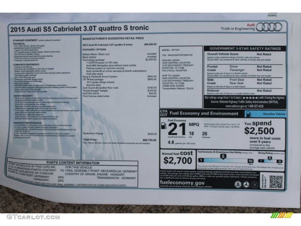 2015 Audi S5 3.0T Premium Plus quattro Cabriolet Window Sticker Photo #98677376