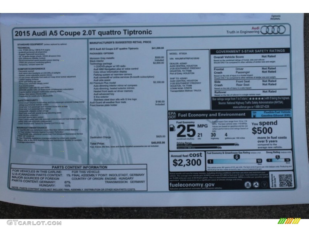 2015 Audi A5 Premium Plus quattro Coupe Window Sticker Photo #98677988