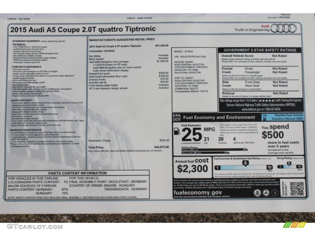 2015 Audi A5 Premium quattro Coupe Window Sticker Photo #98695030