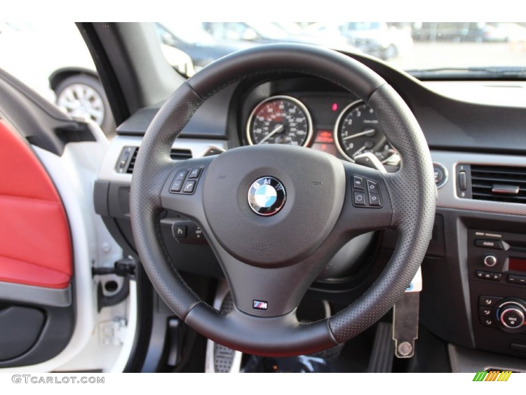 2011 BMW 3 Series 328i xDrive Coupe Coral Red/Black Dakota Leather Steering Wheel Photo #98705579