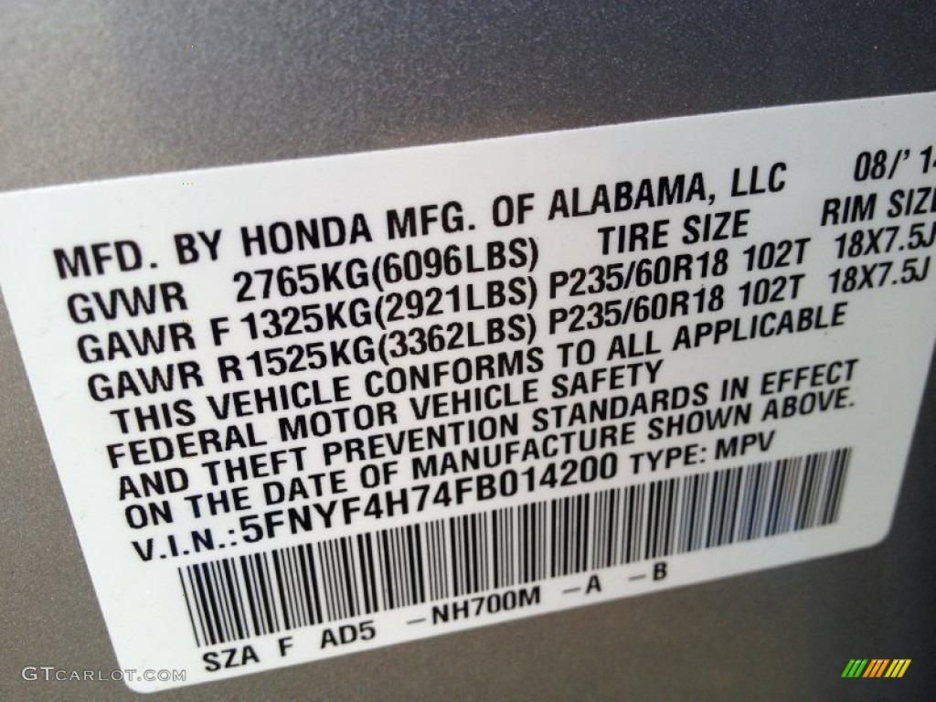 2015 Pilot EX-L 4WD - Alabaster Silver Metallic / Black photo #4