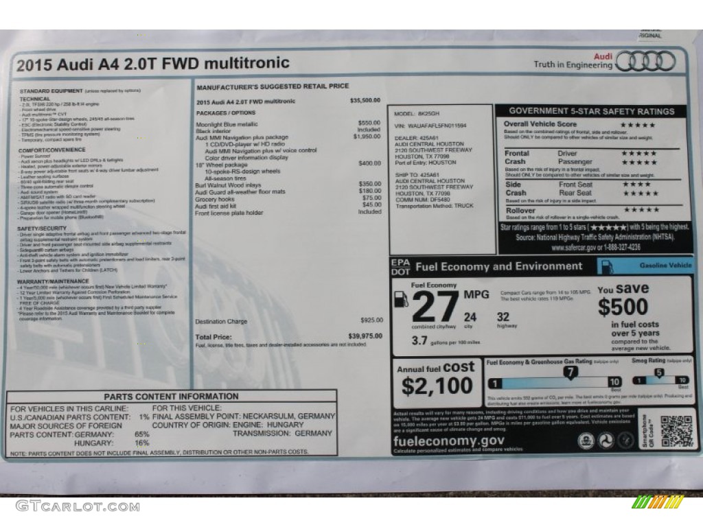 2015 Audi A4 2.0T Premium Window Sticker Photo #98741927