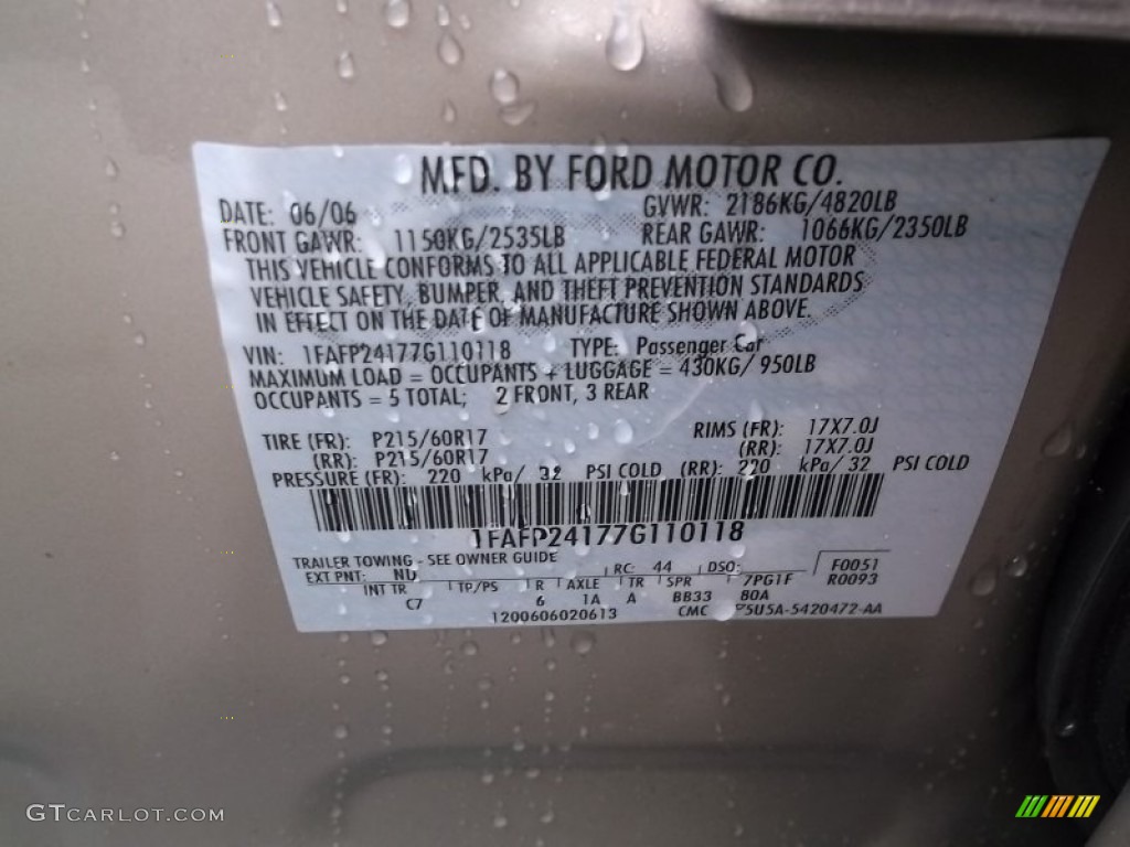 2007 Ford Five Hundred SEL Color Code Photos