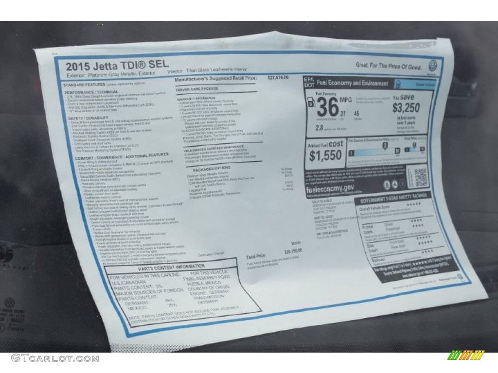 2015 Jetta TDI SEL Sedan - Platinum Gray Metallic / Titan Black photo #31