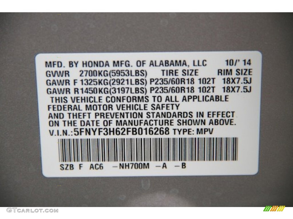 2015 Pilot EX-L - Alabaster Silver Metallic / Black photo #23