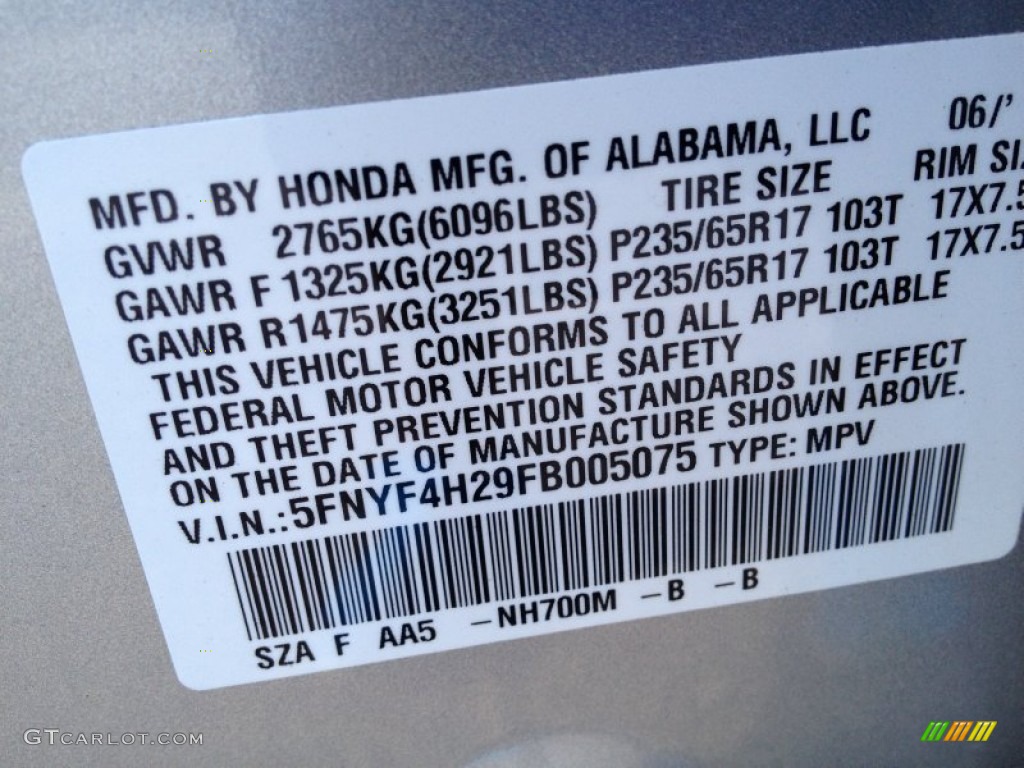 2015 Pilot LX 4WD - Alabaster Silver Metallic / Gray photo #4