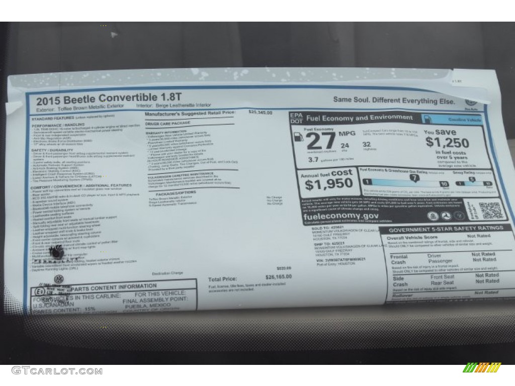 2015 Volkswagen Beetle 1.8T Convertible Window Sticker Photo #98792200