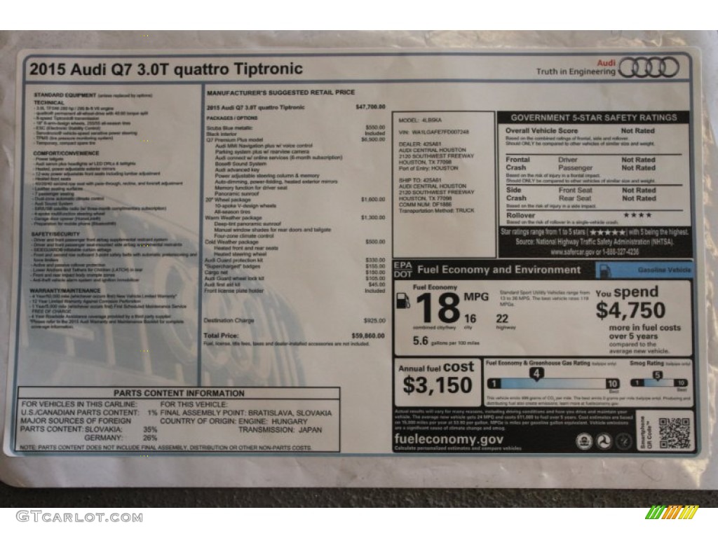 2015 Audi Q7 3.0 Premium Plus quattro Window Sticker Photo #98818481