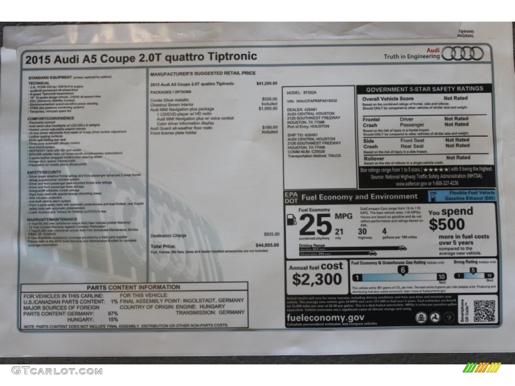 2015 Audi A5 Premium quattro Coupe Window Sticker Photos