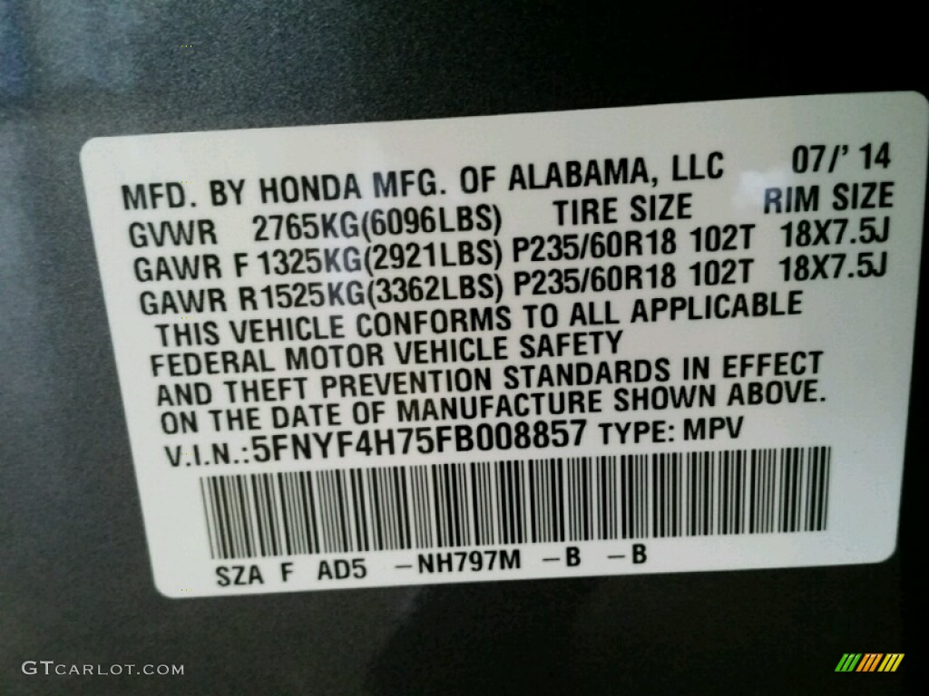 2015 Pilot EX-L 4WD - Modern Steel Metallic / Gray photo #4