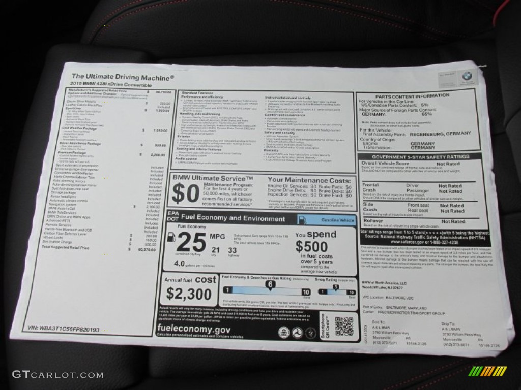 2015 BMW 4 Series 428i xDrive Convertible Window Sticker Photos