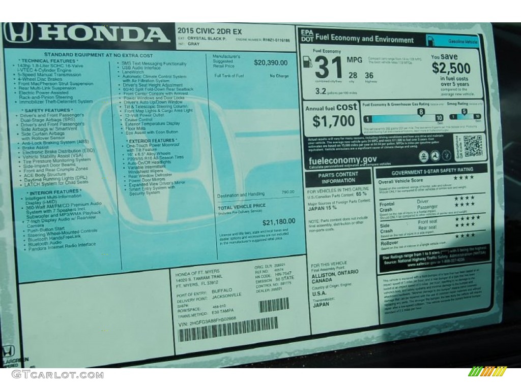 2015 Honda Civic EX Coupe Window Sticker Photo #98865914