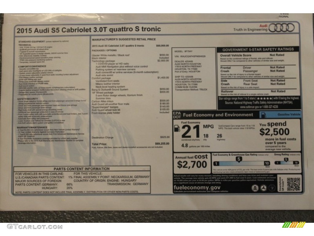 2015 Audi S5 3.0T Premium Plus quattro Cabriolet Window Sticker Photo #98911774