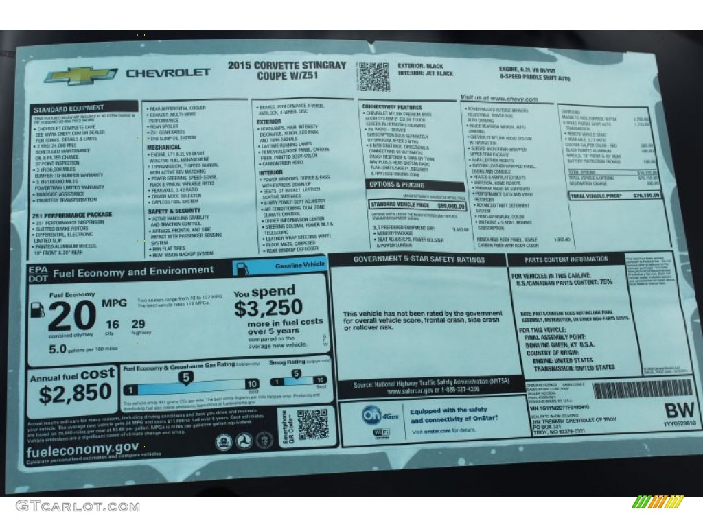 2015 Chevrolet Corvette Stingray Coupe Z51 Window Sticker Photo #98912164