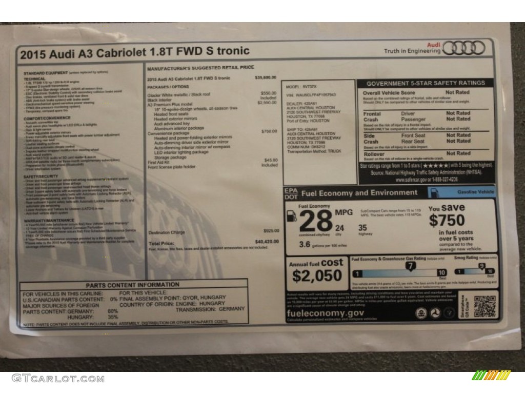 2015 Audi A3 1.8 Premium Plus Cabriolet Window Sticker Photo #98914360