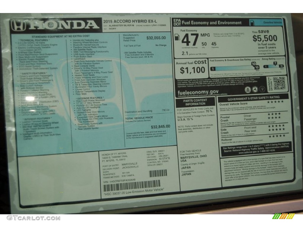 2015 Honda Accord Hybrid EX-L Sedan Window Sticker Photos