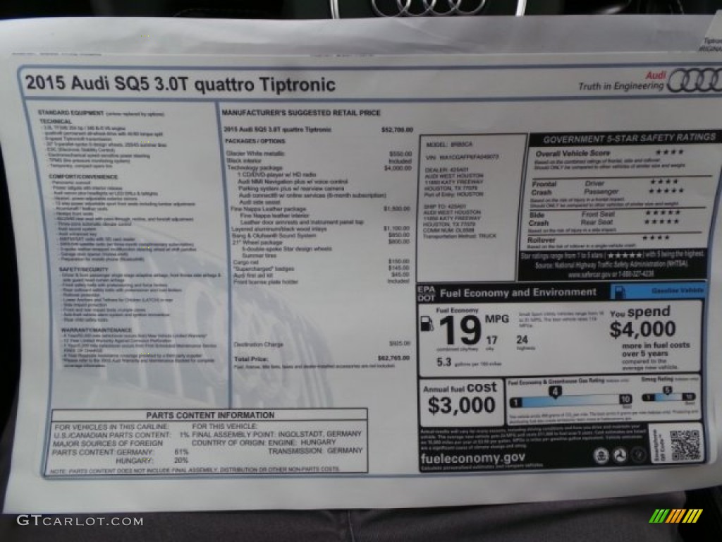 2015 Audi SQ5 Premium Plus 3.0 TFSI quattro Window Sticker Photo #98924659