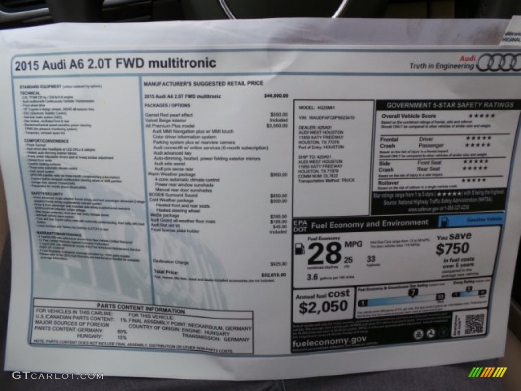 2015 Audi A6 2.0T Premium Plus Sedan Window Sticker Photo #98934718