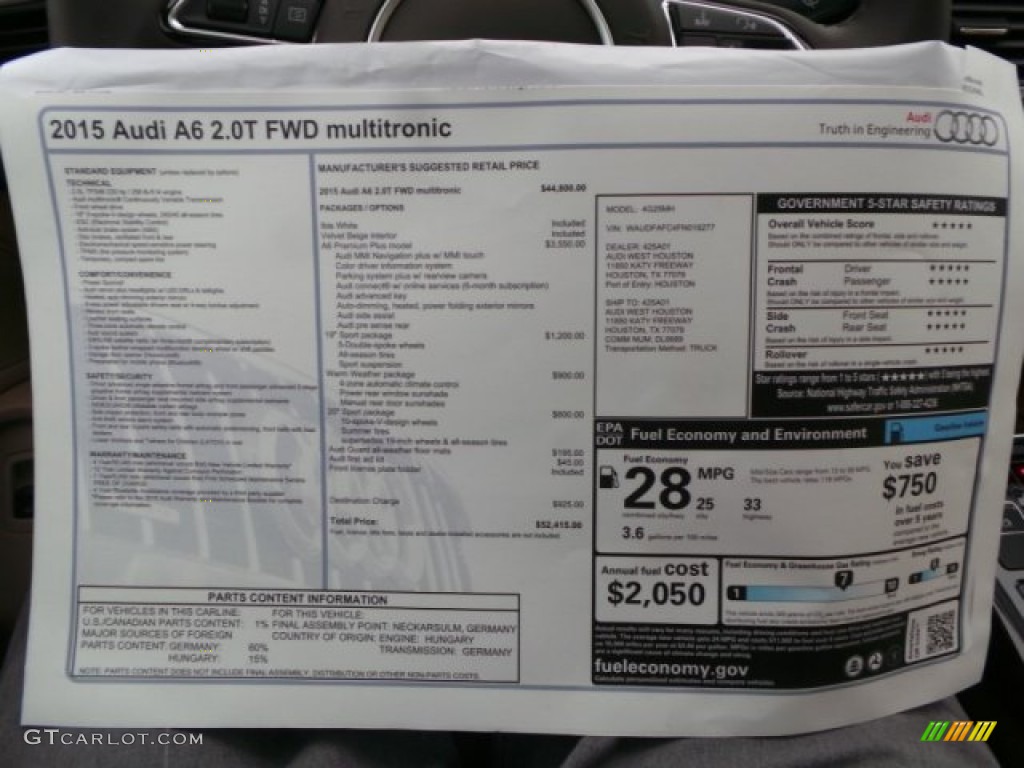 2015 Audi A6 2.0T Premium Plus Sedan Window Sticker Photo #98936338