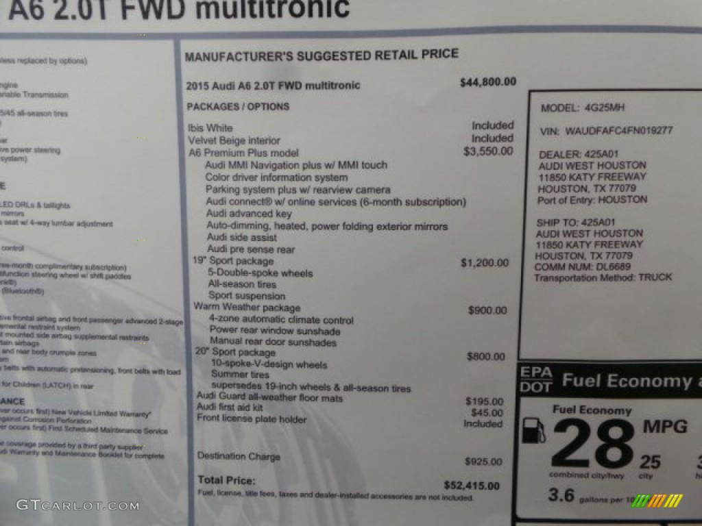 2015 Audi A6 2.0T Premium Plus Sedan Window Sticker Photo #98936358