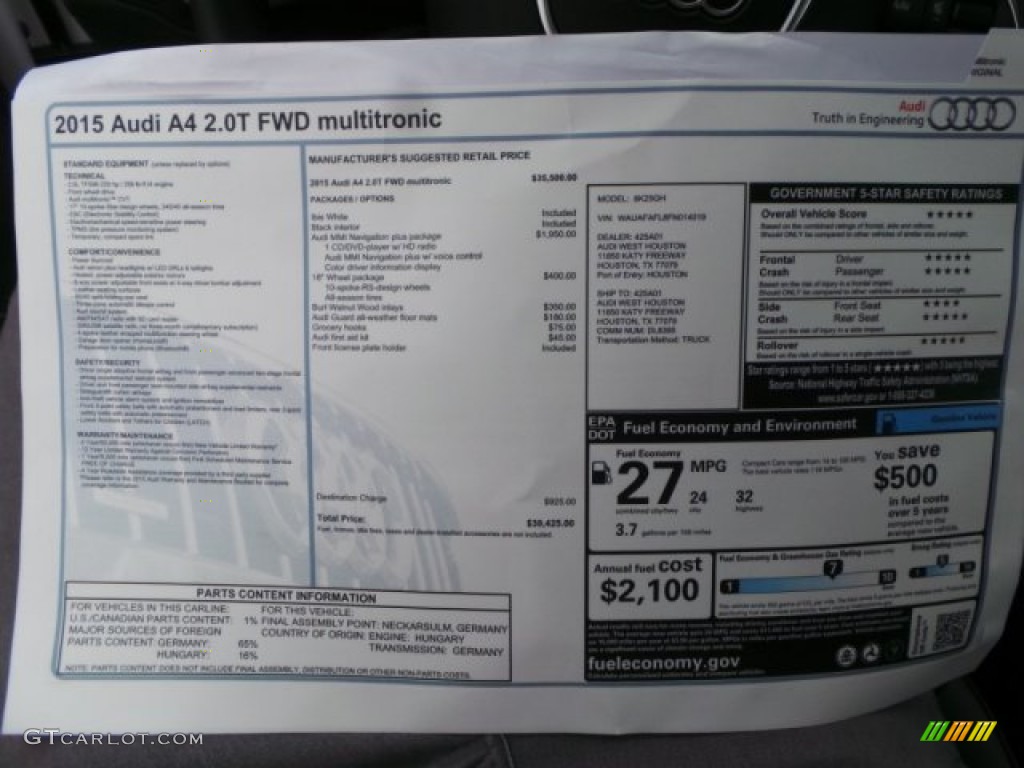 2015 Audi A4 2.0T Premium Window Sticker Photo #98937895