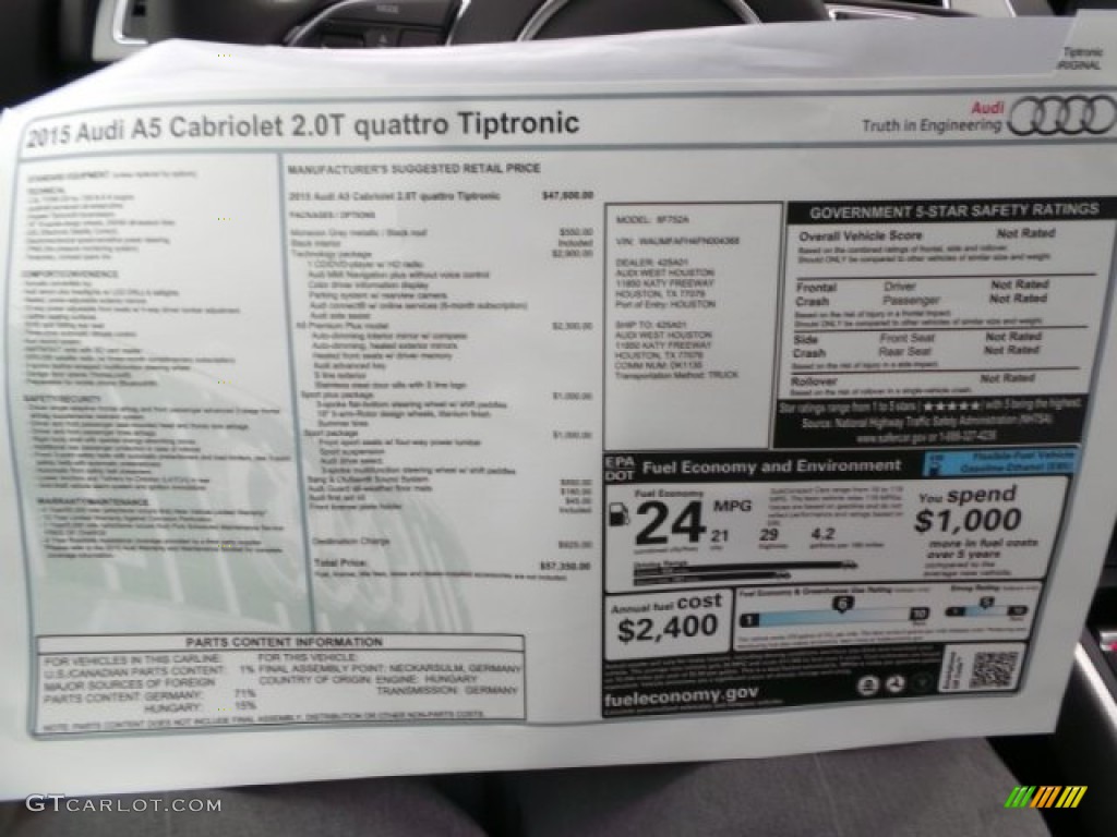 2015 Audi A5 Premium Plus quattro Convertible Window Sticker Photo #98939416