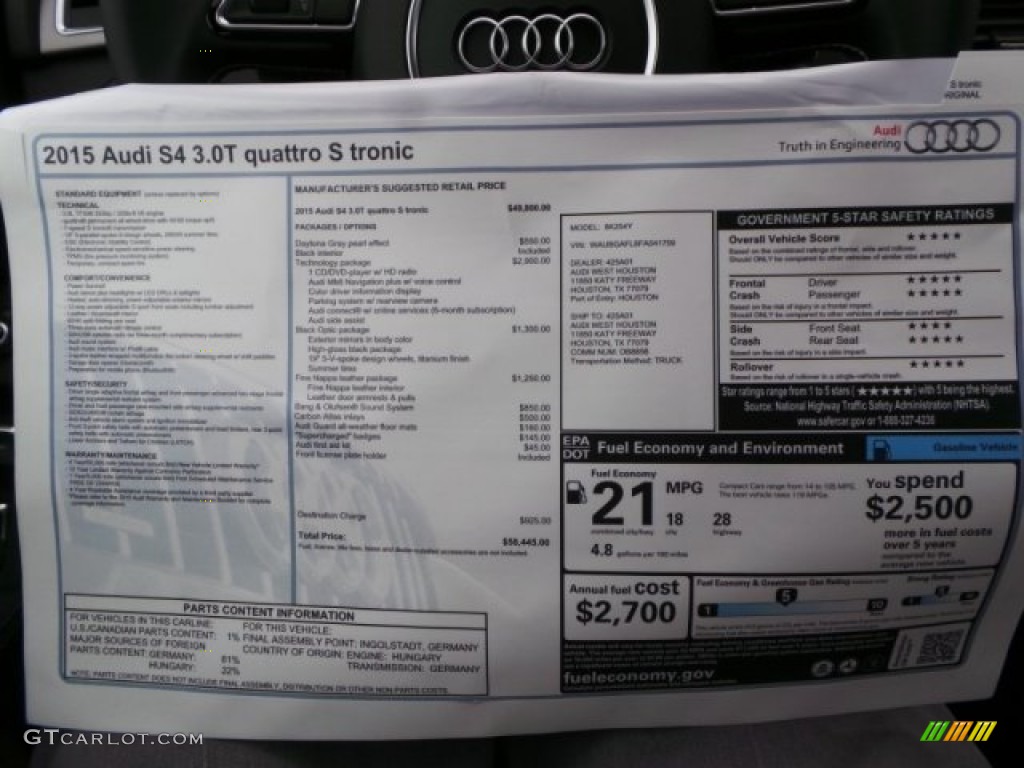 2015 Audi S4 Premium Plus 3.0 TFSI quattro Window Sticker Photo #98942842