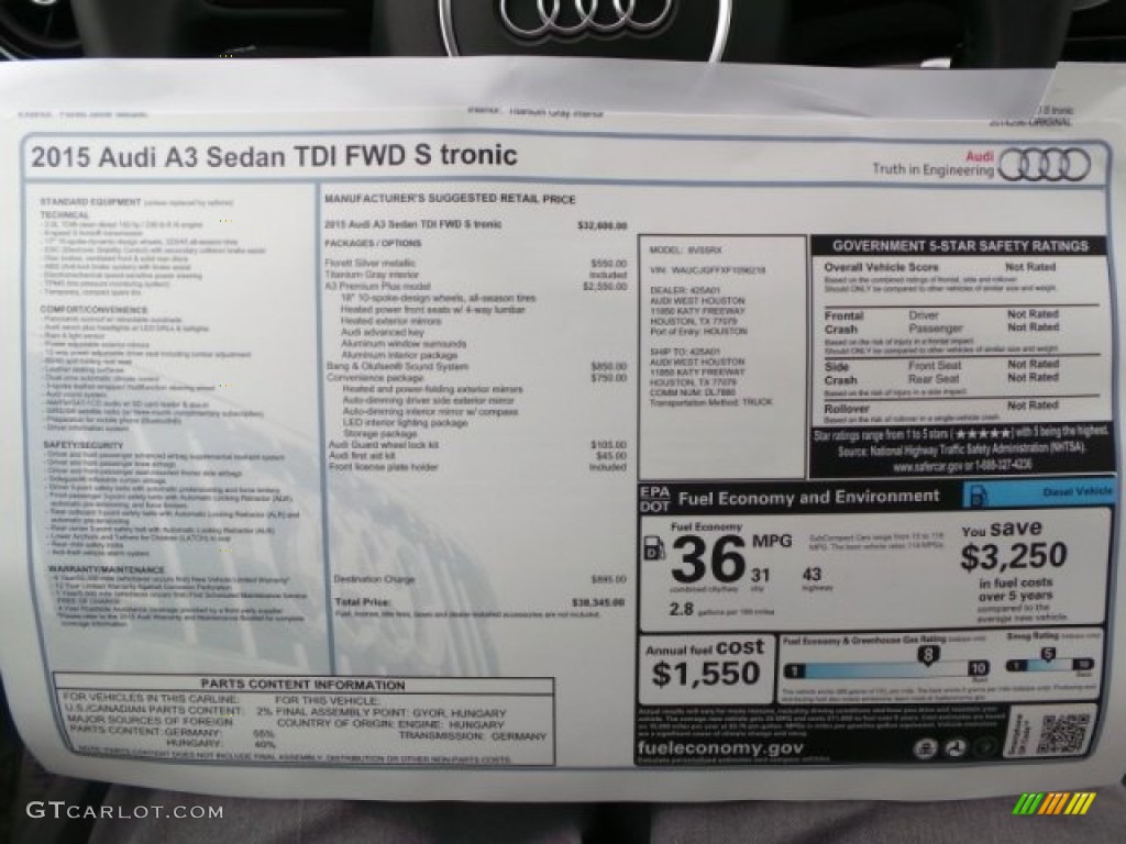 2015 Audi A3 2.0 TDI Premium Window Sticker Photo #98943574