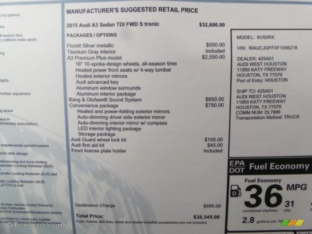2015 Audi A3 2.0 TDI Premium Window Sticker Photo #98943598