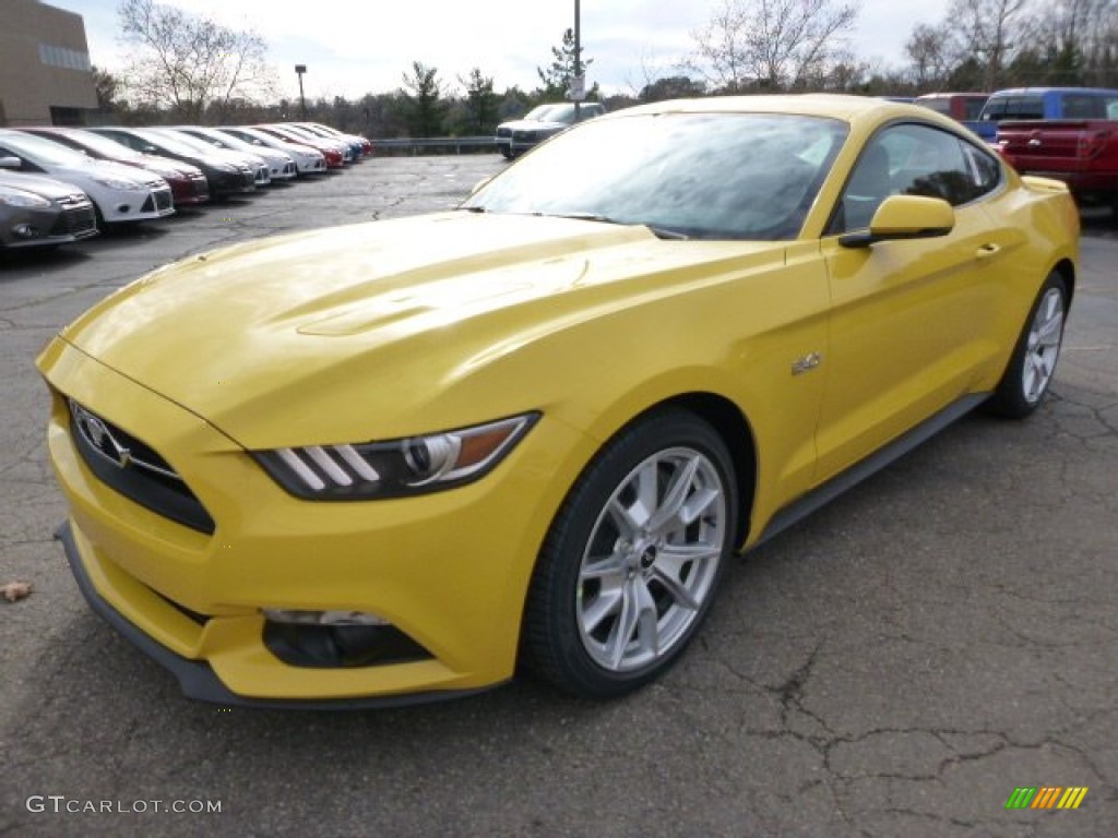 Triple Yellow Tricoat 2015 Ford Mustang GT Premium Coupe Exterior Photo #98990427