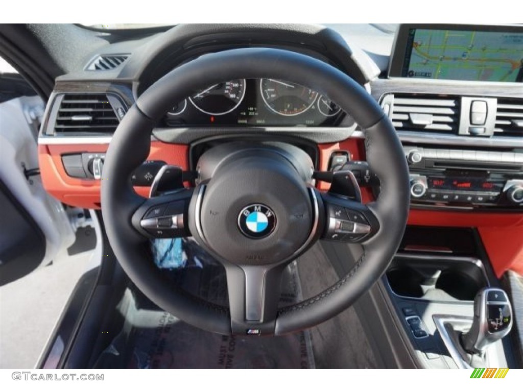 2015 BMW 4 Series 435i Coupe Coral Red/Black Highlight Steering Wheel Photo #99002244