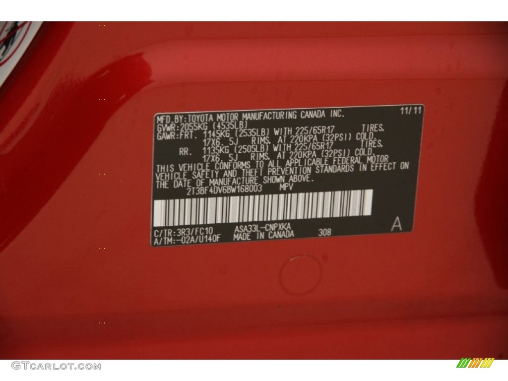 2011 RAV4 Color Code 3R3 for Barcelona Red Metallic Photo #99023277