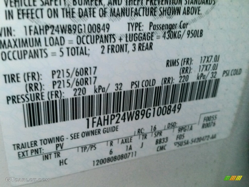 2009 Ford Taurus SEL Color Code Photos
