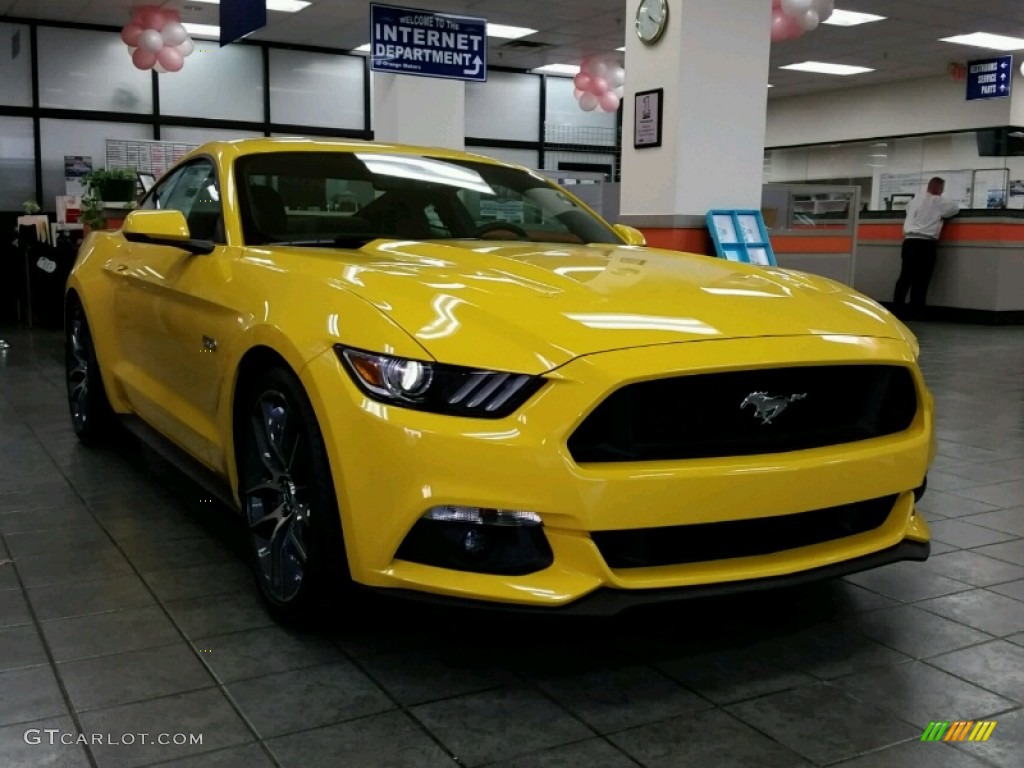 Triple Yellow Tricoat 2015 Ford Mustang GT Premium Coupe Exterior Photo #99061842