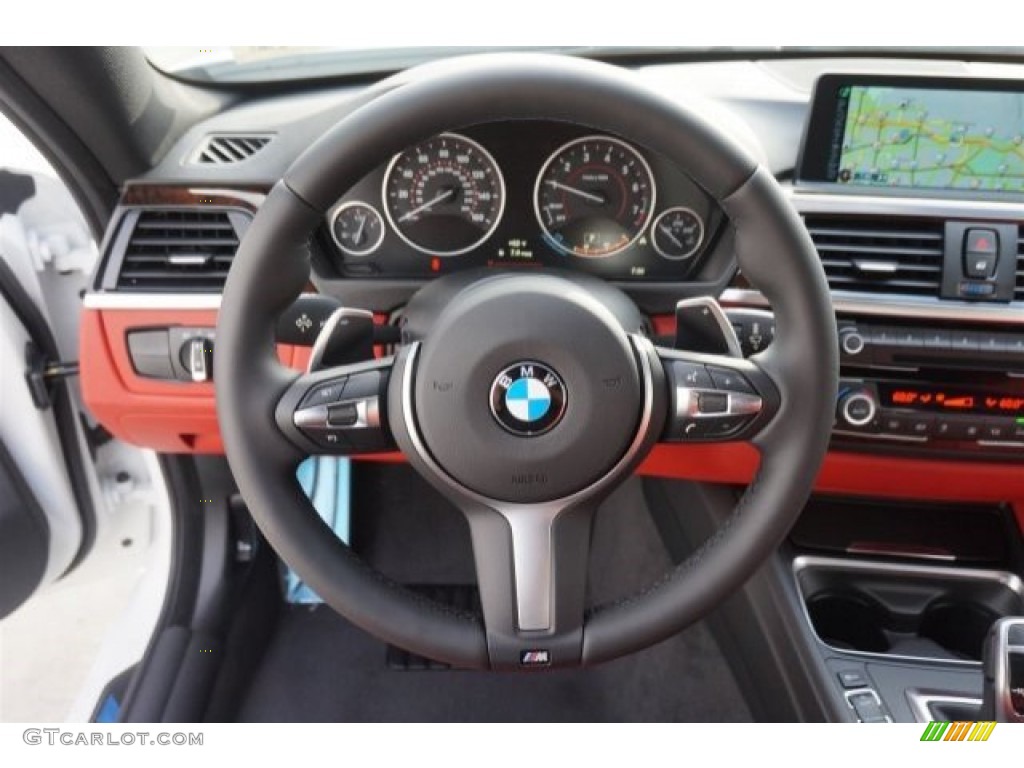 2015 BMW 4 Series 428i Gran Coupe Coral Red/Black Highlight Steering Wheel Photo #99064971
